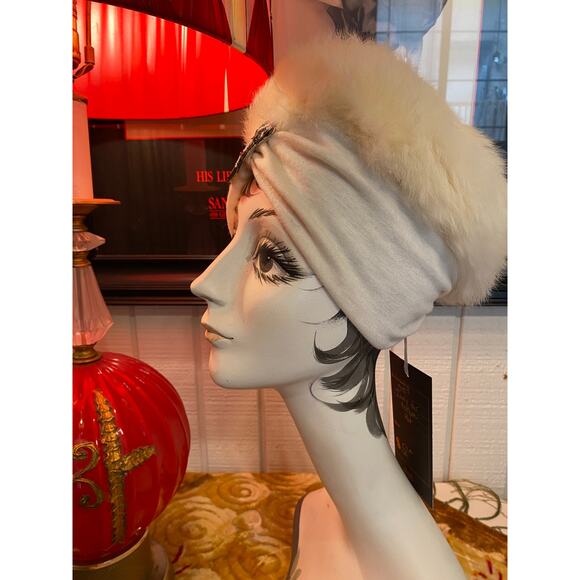 vintage 1940s cream turban rabbit fur hat jeweled 40s fashion avant garde diva main image 5